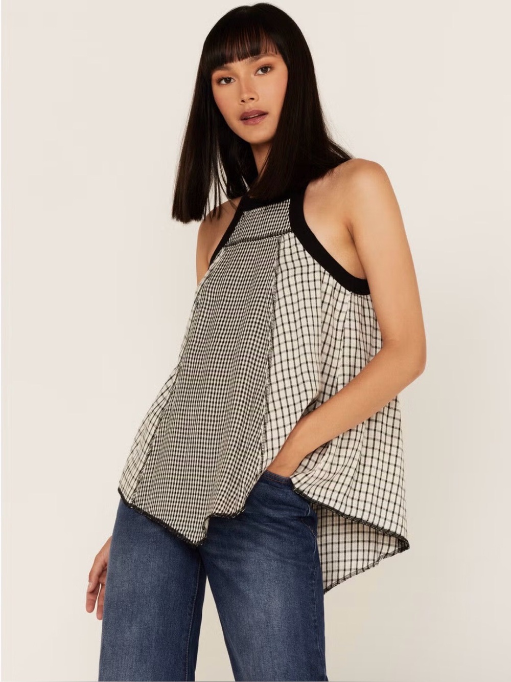 Cleo + Wolf Women's Grid Print Hanky Hem Halter Top Size Large
